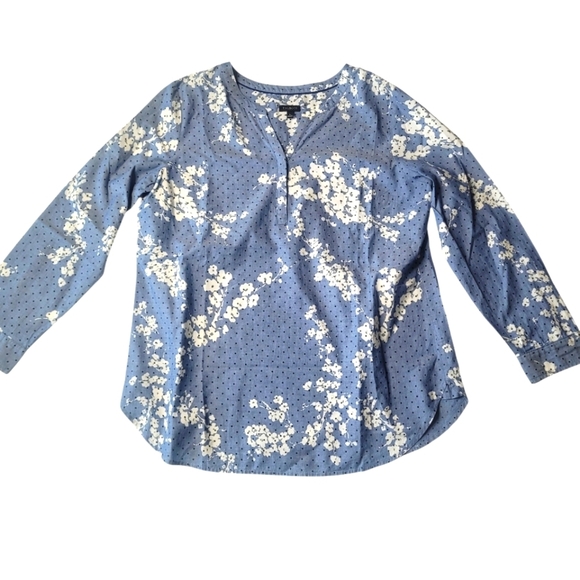 Talbots Floral Dot Chambray Cotton Blouse Large - Picture 2 of 6